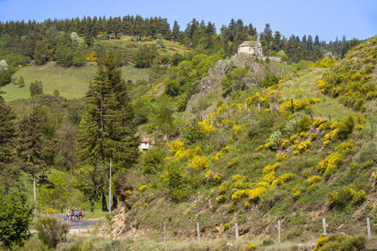 France, Lozere, Cheylard-l'Evêque, the chapel overlooks the village, hiking with a donkey on the Stevenson trail (GR 70)