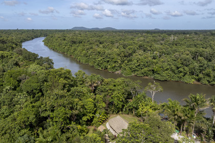 France, French Guiana, the carbet (shelter) at Camp Maripas on the banks of the Kourou river (aerial view)