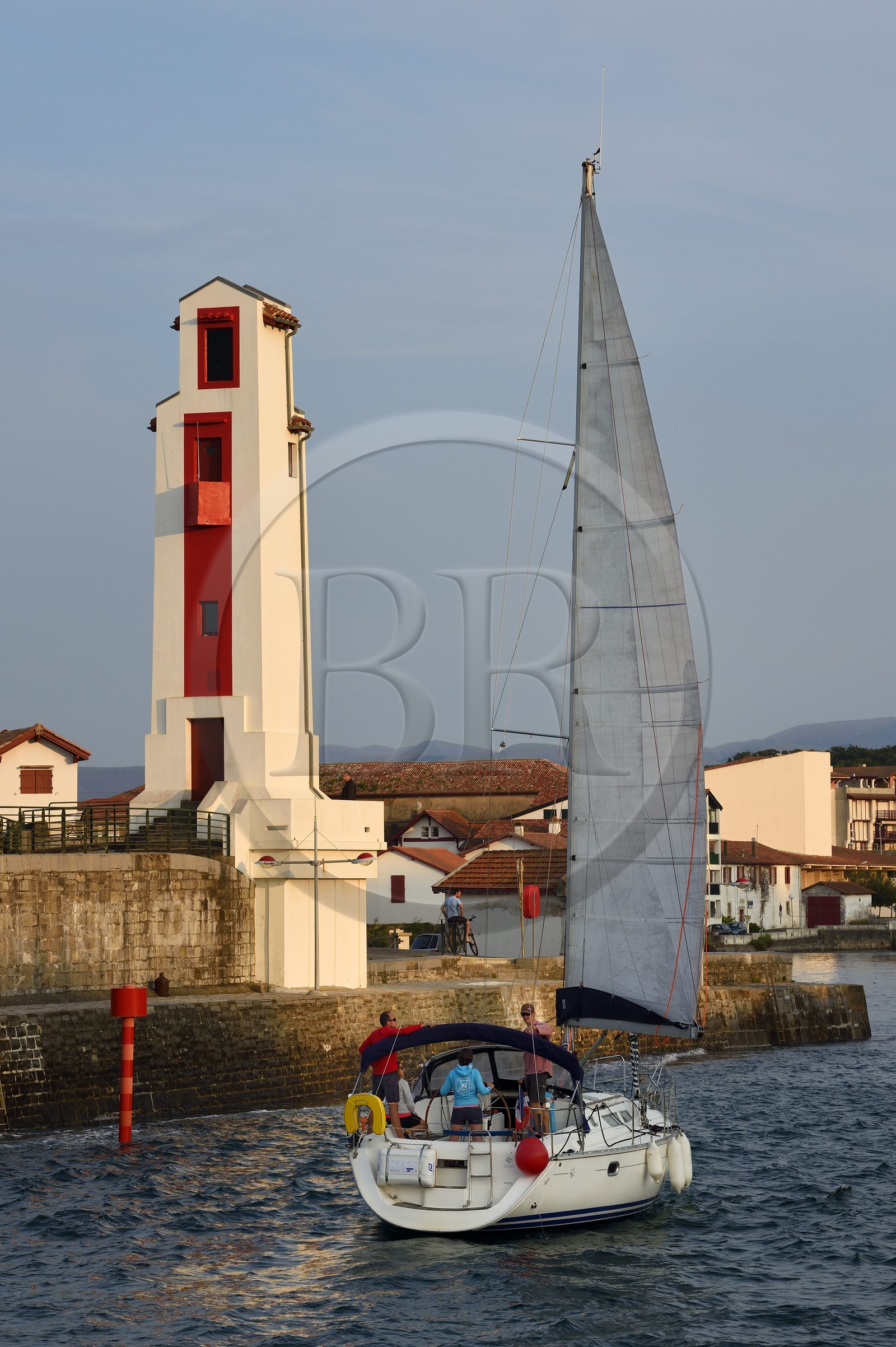 France, Pyrenees Atlantiques, Basque Country, Saint Jean de Luz, the fishing port, the harbor lighthouse built by André Pavlovsky and classified as a historical monument at the port entrance
