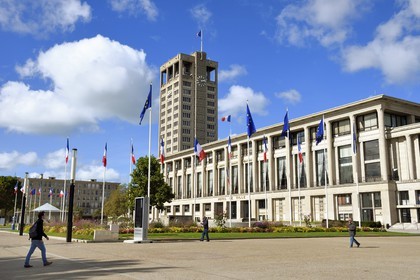 France, Seine Maritime, Le Havre, Downtown rebuilt by Auguste Perret listed as World Heritage by UNESCO, the City Hall of Perret (1958)