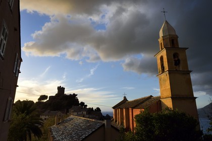France, Haute Corse, Cap Corse, Nonza, Ste Julie church dated 16th century and the Paoline Tower (Torra paolina)