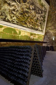France, Marne, Reims, champagne, Pommery's wine cellars, bas-relief called Silenus and his Mad maenads court (1884) by Gustave Navlet