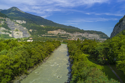 Switzerland, Canton of Vaud, Lavey-Morcles, the Rhone river still tumultuous a few kilometers upstream from Lake Geneva (aerial view)