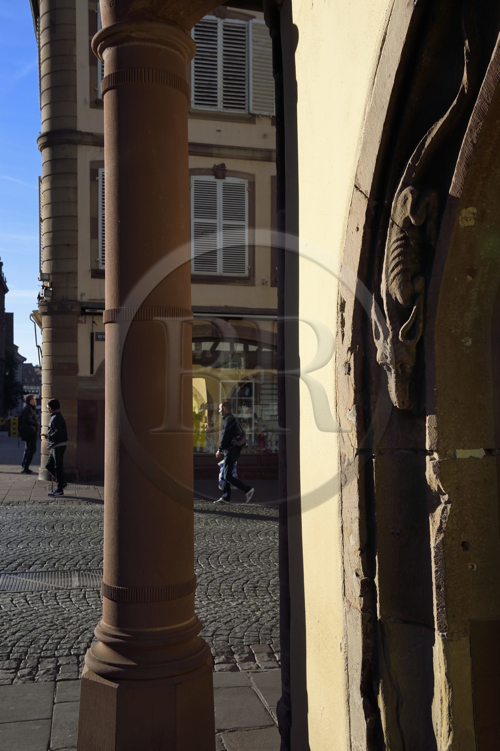 France, Bas-Rhin (67), Strasbourg, vieille ville classée au Patrimoine Mondial de l'UNESCO, ancienne pharmacie Au Cerf (XVème siècle) située à l’angle de la rue Mercière et de la place de la cathédrale, rez-de-chaussée vouté présentant des animaux réels ou fantastiques (ici un dragon), la colonne mesureur de ventre dont la légende dit que l'espace entre la colonne et le mur permettait de savoir si on avait du surpoids