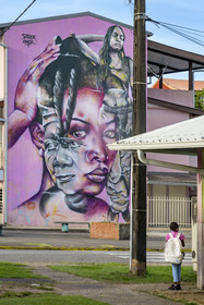 France, Guyane, Cayenne, peinture murale à l'angle de la rue Barthélémy et de l'avenue Ronjon de l'artiste de street art guadeloupéen Benoit Bottala alias Steek Oner