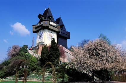 Austria, Styria, Graz, historic center listed as World Heritage by UNESCO, clock tower (Uhrturm) on the Schlossberg