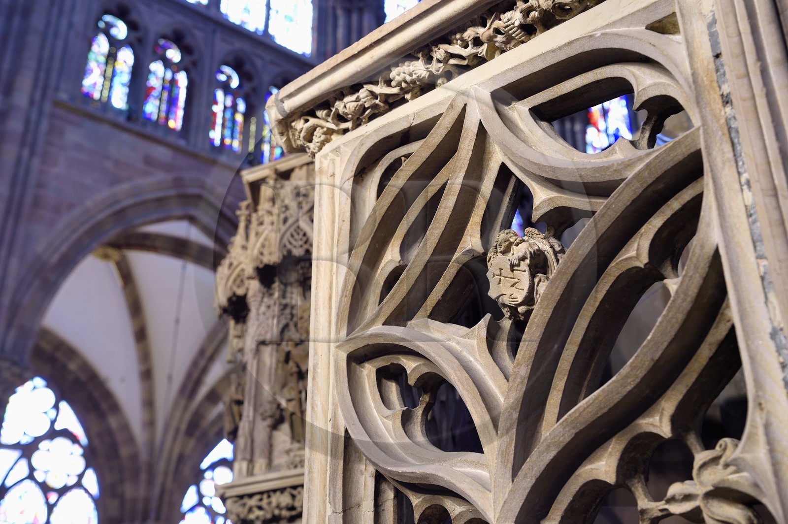 France, Bas Rhin, Strasbourg, old town listed as World Heritage by UNESCO, Notre Dame Cathedral, the pulpit of the great preacher Geiler of Kaysersberg by sculptor Hans Hammer in 1485, his mason's mark