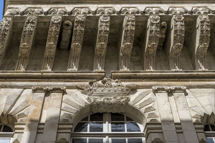 France, Charente Maritime, La Rochelle, facade of the aldermen's (échevins) building behind the Town Hall in rue des Gentilshomme, vessel appearing on the city's coat of arms