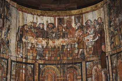 Norvège, Oslo, presqu'île de Bygdoy, musée du Folklore norvégien (Norsk Folkemuseum), l'église en bois debout de Gol, peintures de l'abside datant du 17ème siècle