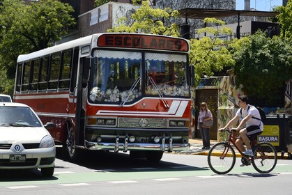 Argentina, Buenos Aires, Palermo district, school bus with many soft toys on Gurruchaga street