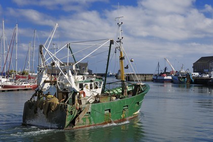 France, Manche, Val de Saire, Saint Vaast la Hougue, port, trawler setting out for fishing