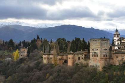 Spain, Andalusia, Granada, Alhambra, listed as World Heritage by UNESCO, and the Sierra Nevada mountains
