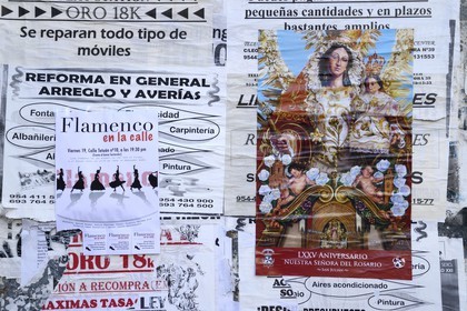 Spain, Andalusia, Seville, Macarena district, flamenco and Virgin Mary posters