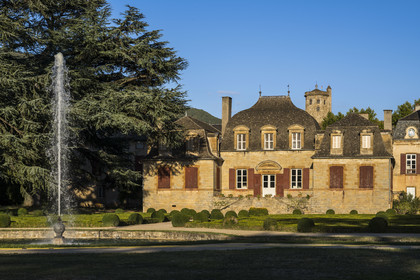 France, Aveyron, the Mansion of Sambucy De Sorgues and its French gardens, the belfry in the background