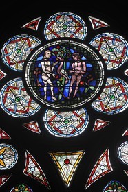 France, Paris, ile de la Cite, Notre-Dame Cathedral, stained glass of the 13th century Adam and Eve