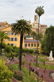 France, Alpes-Maritimes, Grasse, the Fragonard perfume factory and Notre Dame du Puy cathedral in the background