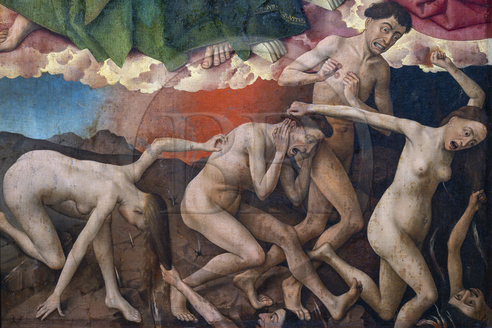 France, Côte-d'Or (21), Beaune, zone classée Patrimoine Mondial de l'UNESCO, Hospices de Beaune, l'Hôtel-Dieu, salle du Polyptyque, détail du polyptyque du Jugement Dernier ouvert, oeuvre réalisée au XVe siècle par de Rogier Van Der Weyden, représentation de la descente aux Enfers