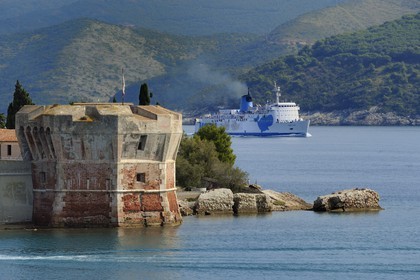 Italy, Tuscany, Elba Island, Portoferraio, the Torre del Martello Tower at the entrance of the port