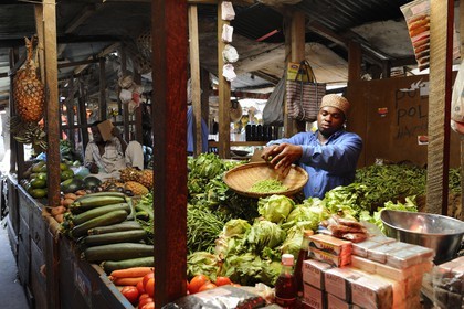 Tanzania, Zanzibar Archipelago, Unguja island (Zanzibar), Stone Town, listed as World Heritage by UNESCO, Darajani market, vegetable stall