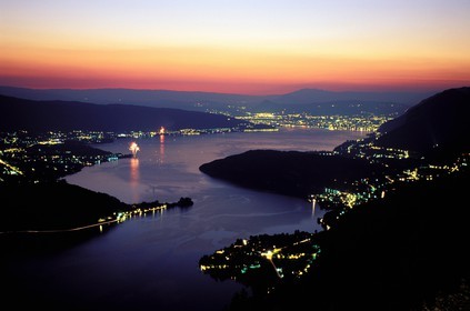 France, Haute Savoie, Annecy lake at sunset as seen from Forclaz pass