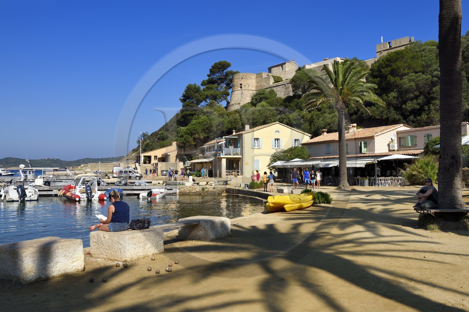 France, Var (83), Iles d'Hyères, parc national de Port Cros, Ile de Port-Cros, le Fort du Moulin surplombe le village de Port Cros
