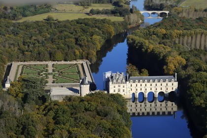 France, Indre et Loire, the Renaissance style Chateau de Chenonceau and its formal garden on Cher river banks (aerial view)