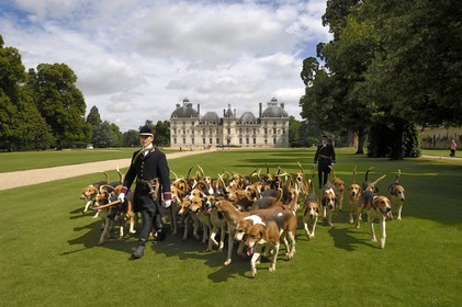 France, Loir-et-Cher (41), château de Cheverny, les piqueux Vol au Vent et La Rosée qui gèrent la meute de 90 chiens de chasse à cour