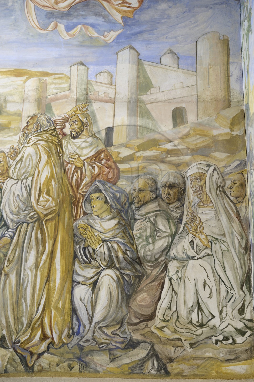 France, Marne (51), Reims, la chapelle Notre-Dame de la Paix ou chapelle Foujita, le peintre Léonard Foujita s'est représenté avec ses lunettes (au centre) et René Lalou (devant lui) qui dirigeait la maison de champagne Mumm