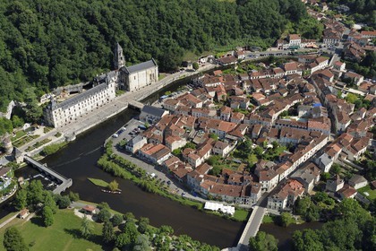 France, Dordogne, Brantome, Saint Pierre benedictine abbey along the Dronne river and the village (aerial view)
