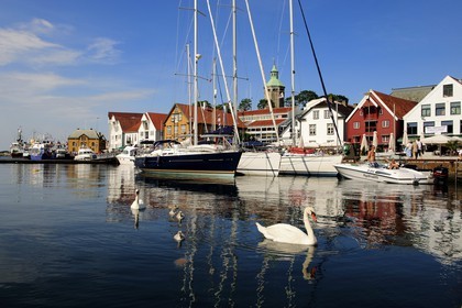 Norway, Rogaland County, Stavanger, pleasure boats and swans in the old harbour (Vagen)