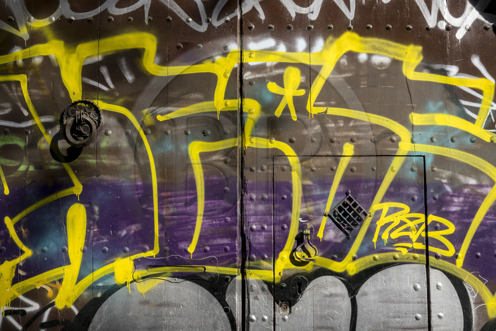 Espagne, Catalogne, Barcelone, quartier du Barrio Gotico, graffitis sur la porte d'un hotel particulier placa de Sant Josep Oriol
