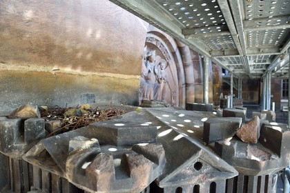 France, Bas Rhin, Strasbourg, old town listed as World Heritage by UNESCO, Notre Dame Cathedral, Judgment Day Portal Restoration Site, young pigeon in a nest above the heavenly Jerusalem