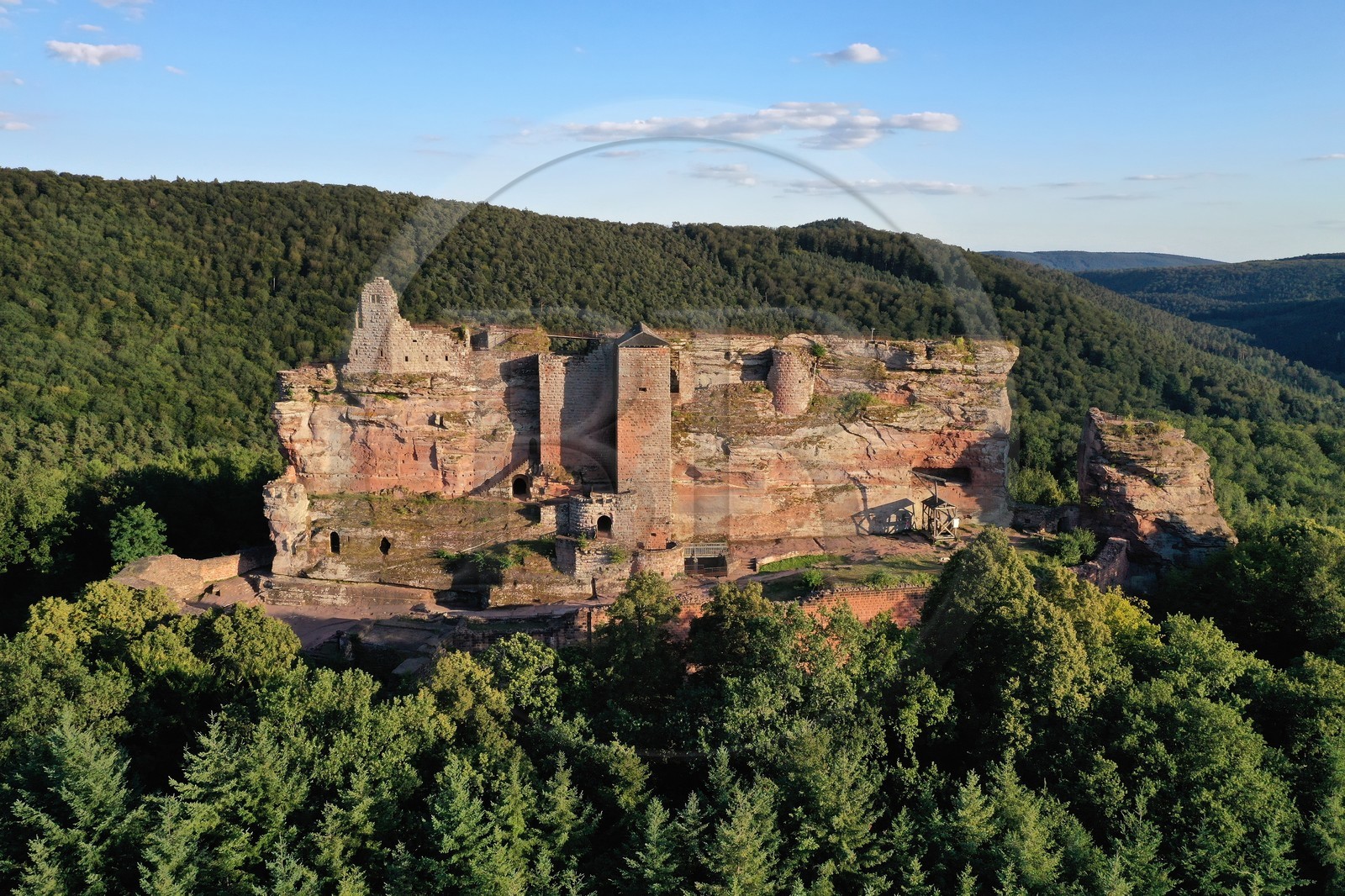 France, Bas Rhin, Northern Vosges Regional Natural Park, Lembach, Fleckenstein Castle (aerial view)