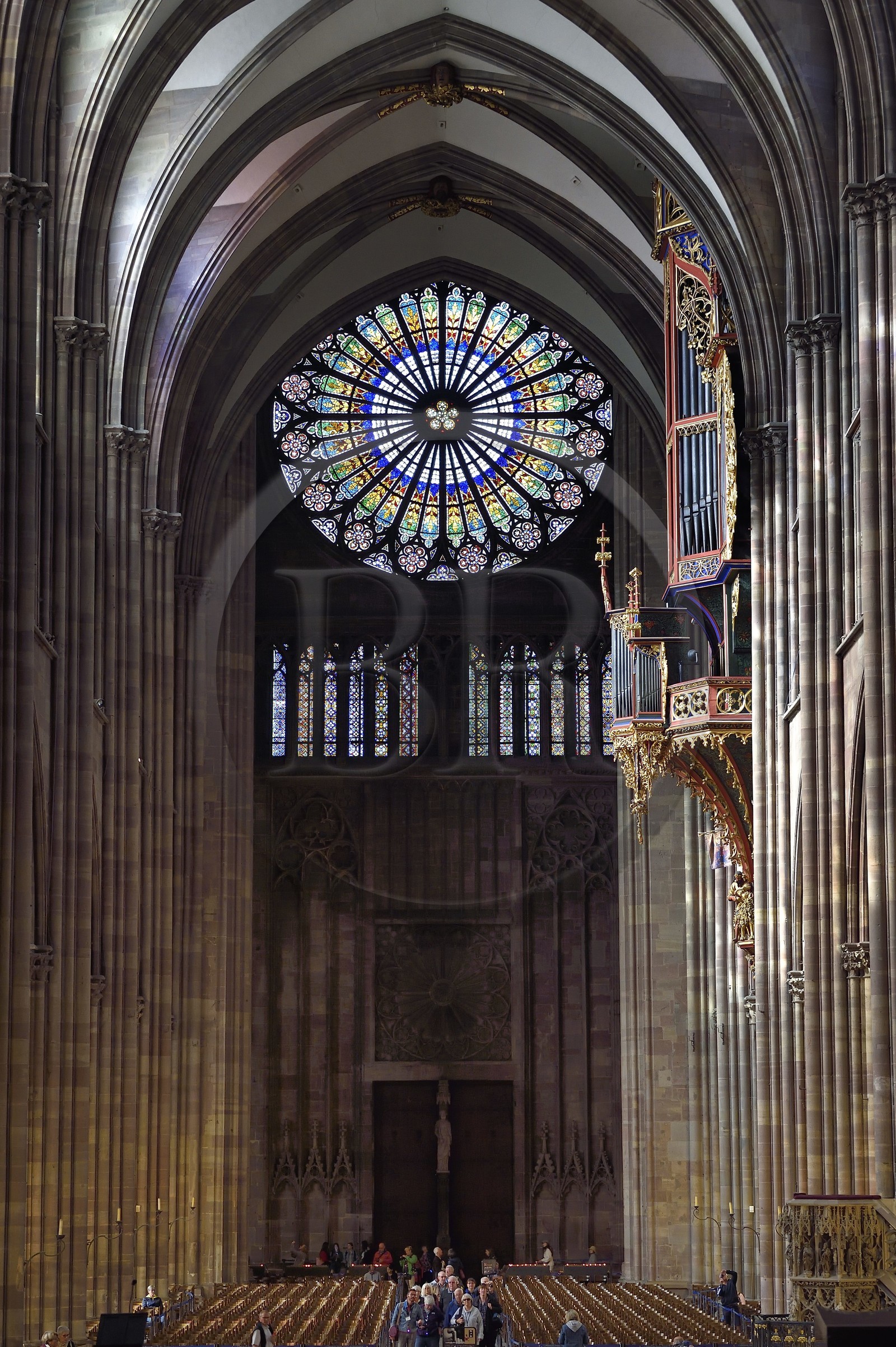 France, Bas-Rhin (67), Strasbourg, vieille ville classée au Patrimoine Mondial de l'UNESCO, la cathédrale Notre-Dame, la grande rose de la facade occidentale d'un diamètre de 13,60 m et le grand orgue au dessus de la nef