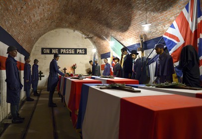 France, Meuse, Verdun, Underground Citadel, underground command post during the First World War where more than ten thousand men lived, reconstitution of the designation ceremony of the Unknown Soldier among eight coffins