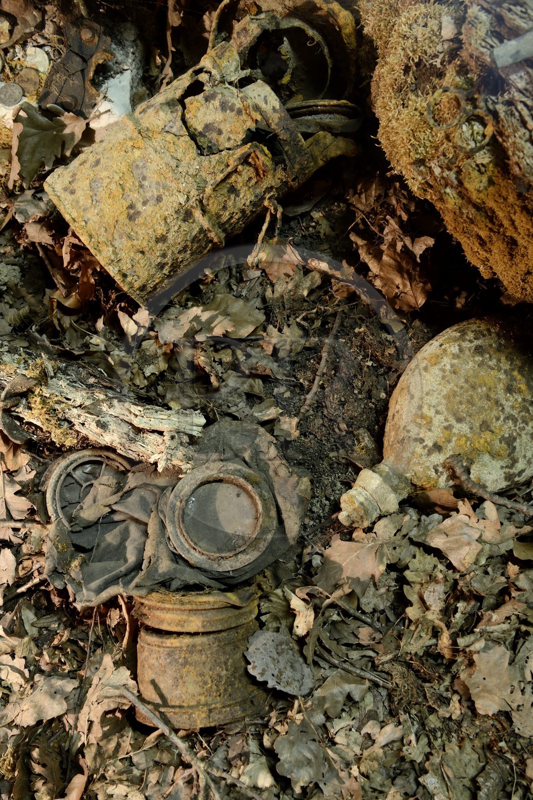 France, Meuse (55), Romagne-sous-Montfaucon, le musée informel appelé Romagne ‘14-’18 sur la vie quotidienne du soldat de la Grande Guerre créé par Jean-Paul de Vries, masque à gaz