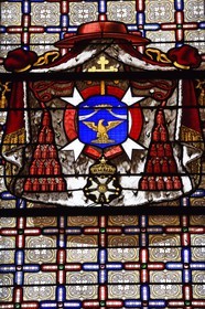 France, Corse du Sud, Ajaccio, Fesh Palace, Imperial Chapel, stained glass window depicting weapons and ecclesiastical attributes of Cardinal Fesch