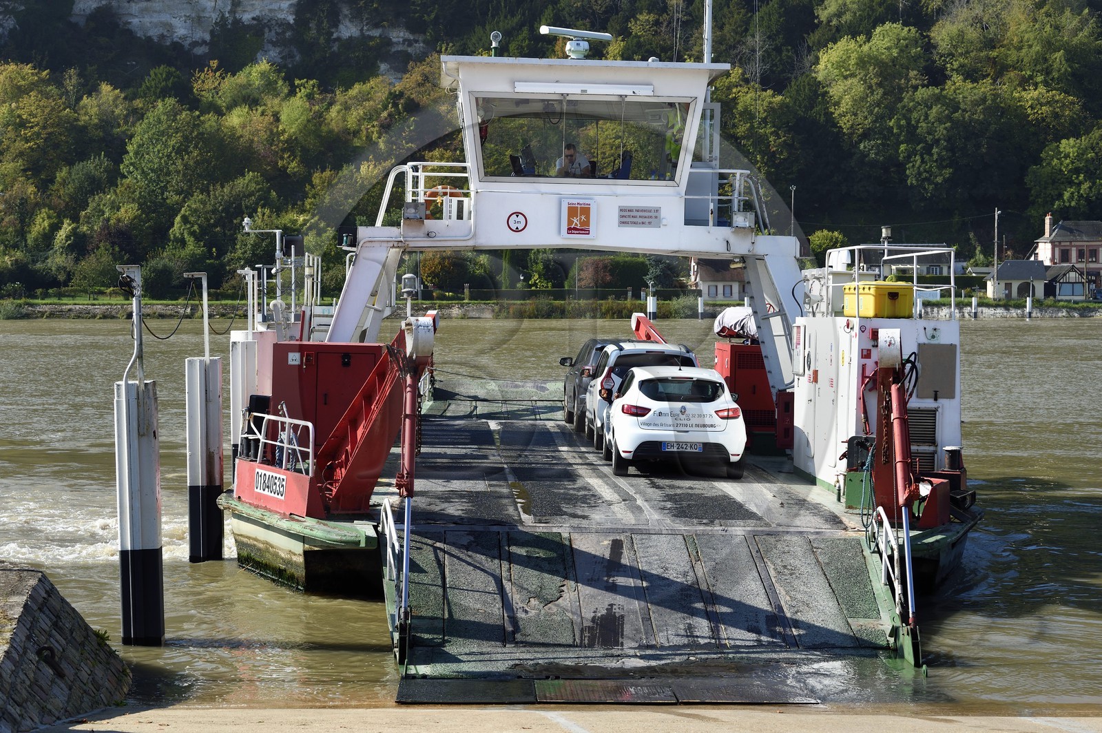 France, Seine-Maritime, Pays de Caux, Norman Seine River Meanders Regional Nature Park, the ferry crossing the Seine at Jumieges
