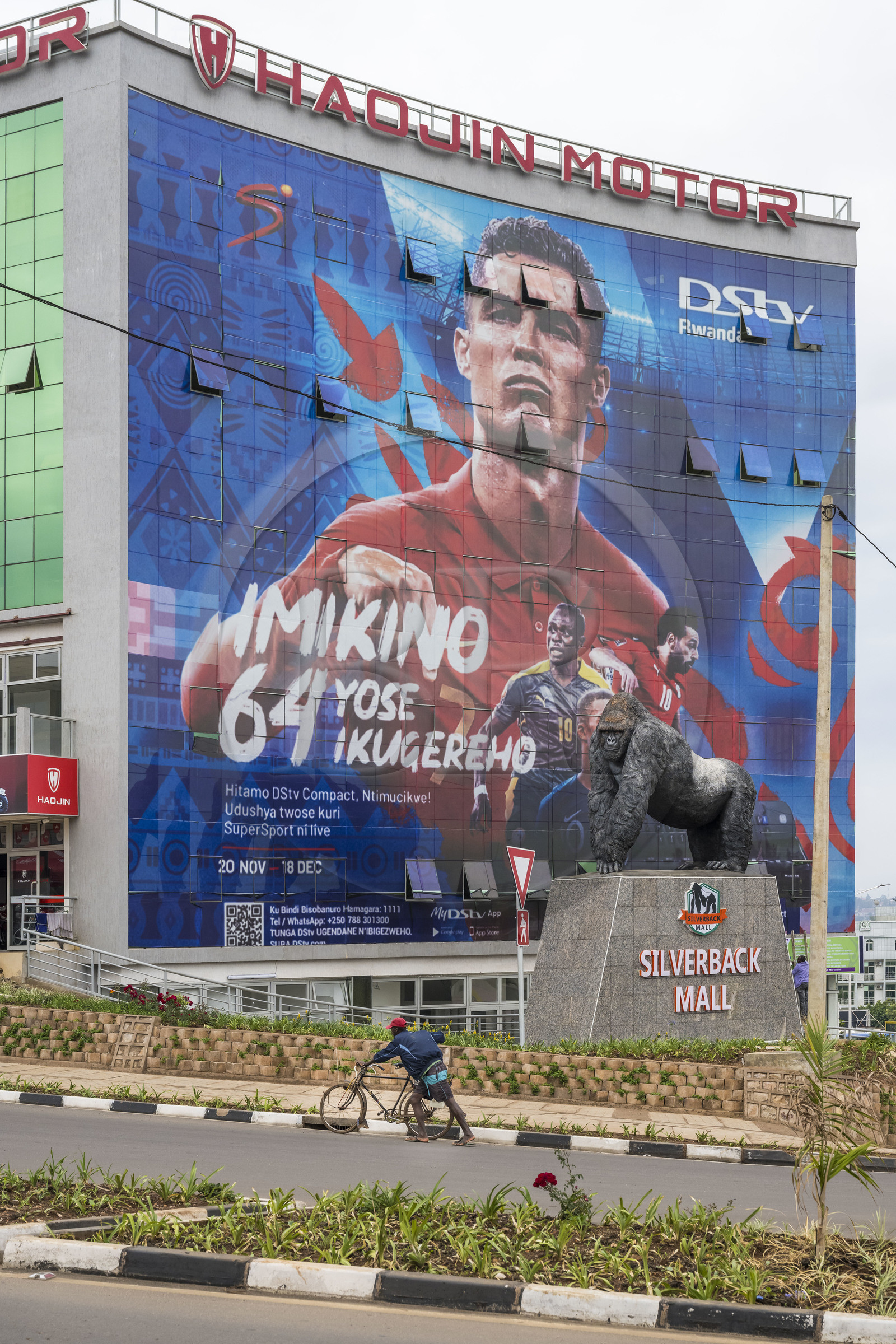 Rwanda, Kigali, le centre commercial Silverback mall avec une publicité géante pour la coupe du monde de football et une statue d'un gorille de montagne (Gorilla beringei beringei) silverback à dos d'argent