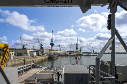 France, Finistère, Brest, the arsenal, the Rade-Abri of the military port naval base of the French Navy seen from BSAM Garonne