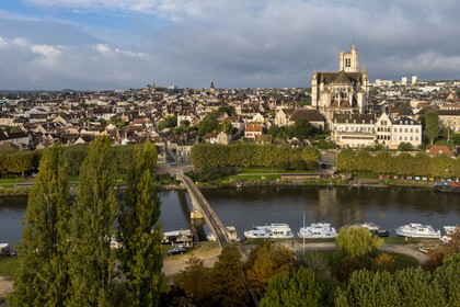 France, Yonne, Auxerre, Saint Etienne Cathedral, the Green belt cycle path along the Yonne on the quay facing the port and the Liberté footbridge (aerial view)