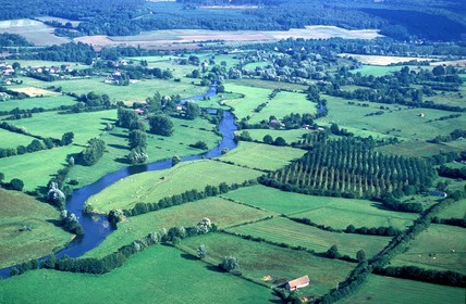 France, Eure, river Risle towards Monfort sur Risle (aerial view)