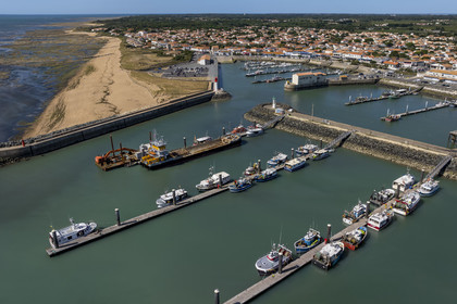 France, Charente Maritime, Oleron island, port of La Cotinière, flood basin built in 2022 at the foot of the new fish market (aerial view)