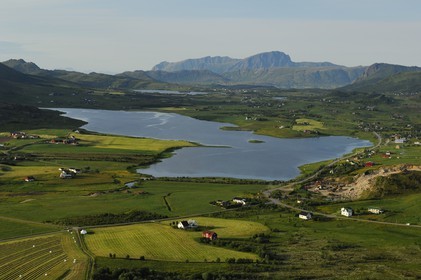 Norway, Nordland County, Lofoten Islands, fields on Moskenes island (aerial view)