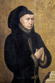 France, Cote d'Or, Beaune, area listed as World Heritage by UNESCO, Hospices de Beaune, Hotel Dieu, Polyptych Room, detail of the polyptych of the Last Judgment closed, work created in the 15th century by Rogier Van Der Weyden, portrait of Nicolas Rolin, founder of the hospices with his wife Guigone de Salins