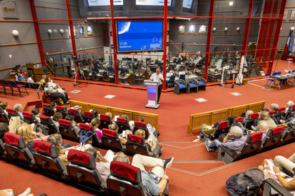 France, French Guiana, Kourou, Guiana Space Centre (Centre spatial guyanais, CSG) also called Europe's Spaceport, a conference given by its director Philippe Lier to visitors, the Jupiter command center in the background.