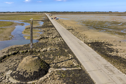 France, Vendée (85), île de Noirmoutier, Barbatre, le passage du Gois, chaussée submersible qui relie l'île au continent à marrée basse, un des refuges sur la gauche (vue aérienne)