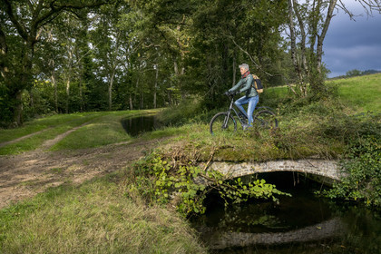 France, Nièvre (58), Parc naturel régional du Morvan, Montreuillon, cycliste sur le chemin bordant la Rigole d'Yonne qui puise les eaux de l'Yonne au lac de Pannecière et alimente le canal du Nivernais
