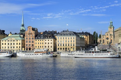 Sweden, Stockholm, the old city on the island of Gamla stan (Gamala Stan Riddarholmen) seen from the island of Skeppsholmen, the Cathedral in the background