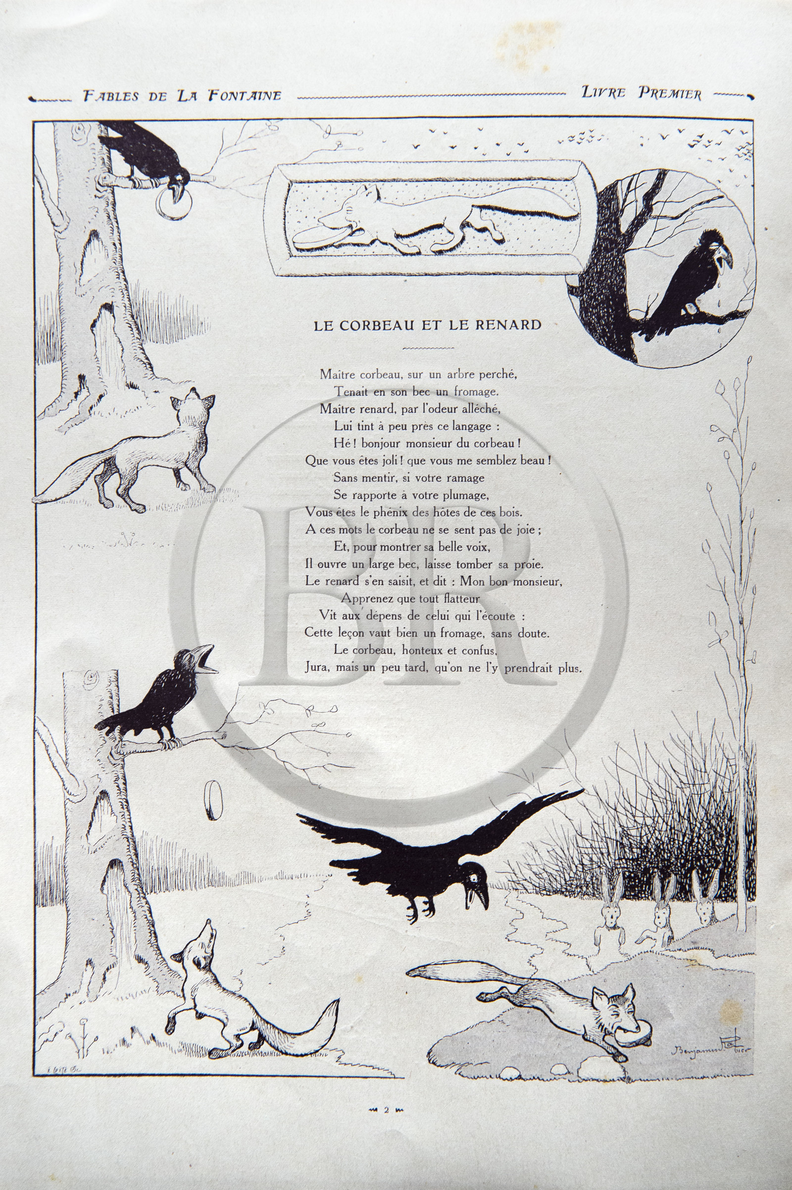 France, Aisne (02), Château-Thierry, Musée Jean de La Fontaine - Ville de Chateau-Thierry, livre des Fables de La Fontaine illustrées par Benjamin Rabier, Edition Jules Tallandier, 1906, in-folio, Le Corbeau et le Renard fable II du livre I